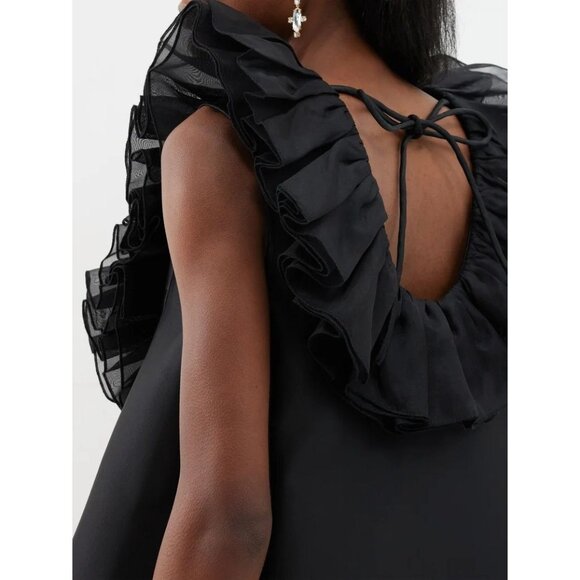 SHUSHU/TONG Black Duchess Satin Organza Ruffle U-Neck Mini Swing Dress, Size 4 - Picture 4 of 16